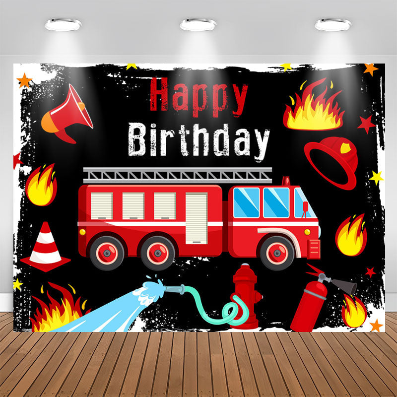 Aperturee - Red Fire Truck Black Birthday Backdrop Banner For Boy