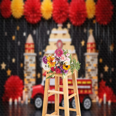 Aperturee - Red Fire Truck Place Tassels Birthday Photo Backdrop