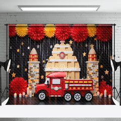 Aperturee - Red Fire Truck Place Tassels Birthday Photo Backdrop