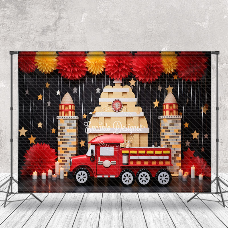 Aperturee - Red Fire Truck Place Tassels Birthday Photo Backdrop