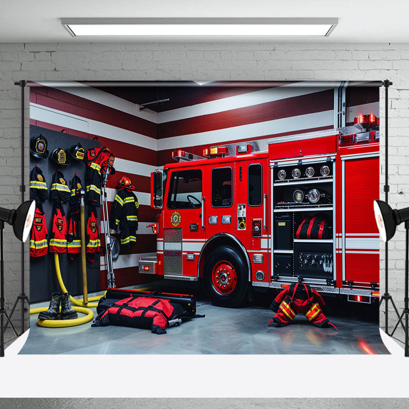 Aperturee - Red Fire Truck Suit Stripe Wall Cake Smash Backdrop