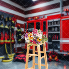 Aperturee - Red Fire Truck Suit Stripe Wall Cake Smash Backdrop