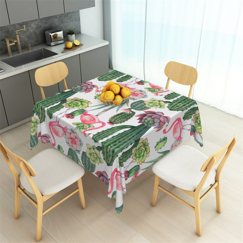 Aperturee - Red Flamingo Green Cactus Floral Square Tablecloth