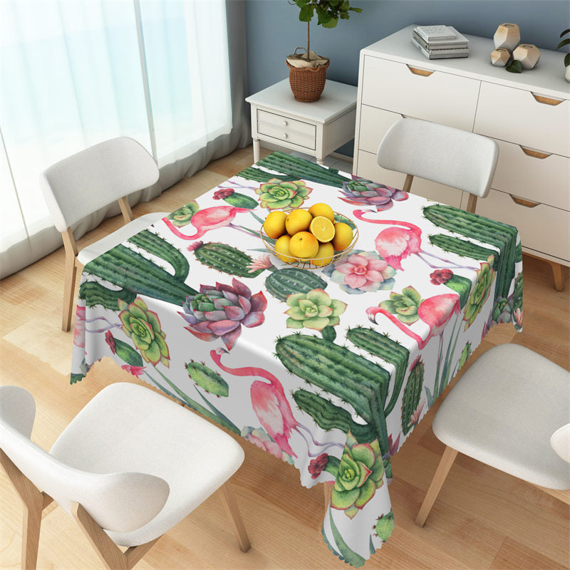 Aperturee - Red Flamingo Green Cactus Floral Square Tablecloth