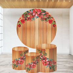 Aperturee Red Floral And Brown Wood Round Birthday Backdrop Kit