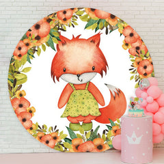 Aperturee - Red Floral And Fox Round Baby Shower Backdrop