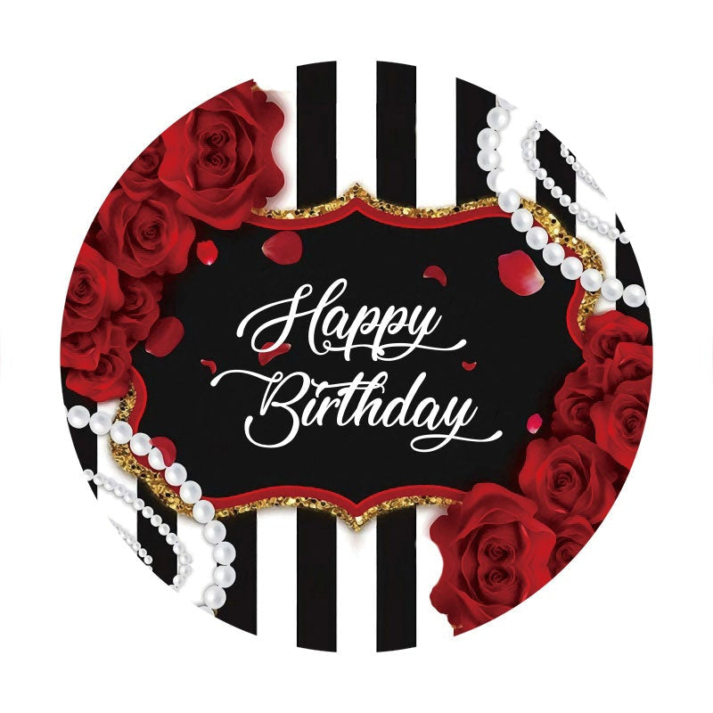 Aperturee - Red Floral And Pearl Round Happy Birthday Backdrop