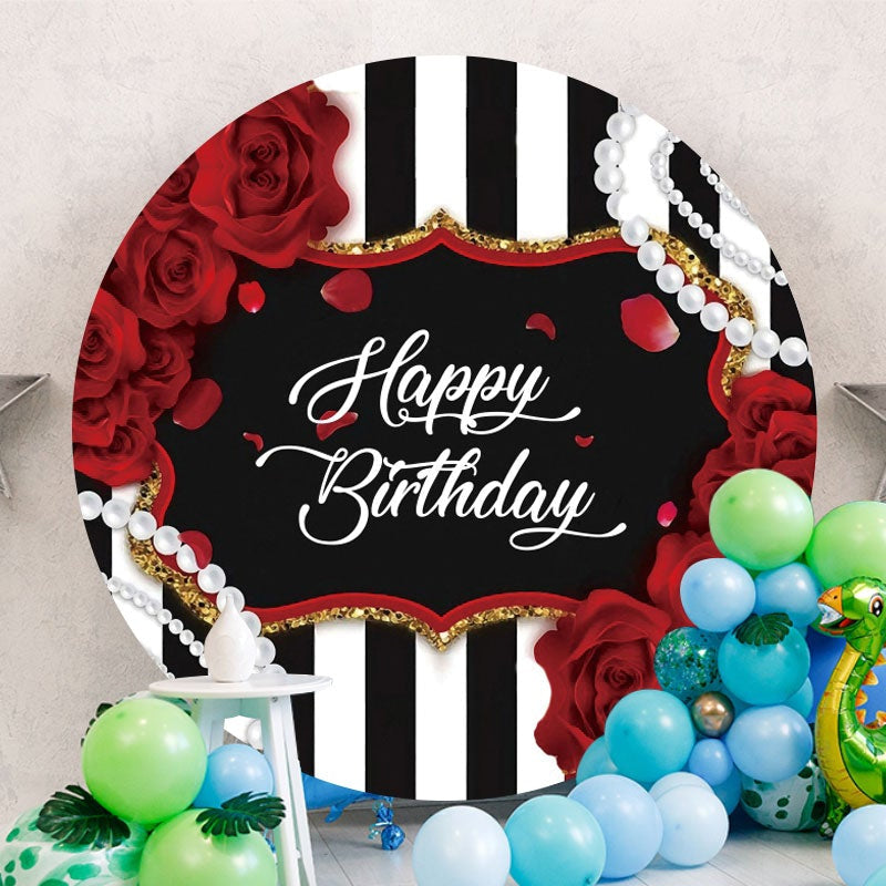 Aperturee - Red Floral And Pearl Round Happy Birthday Backdrop