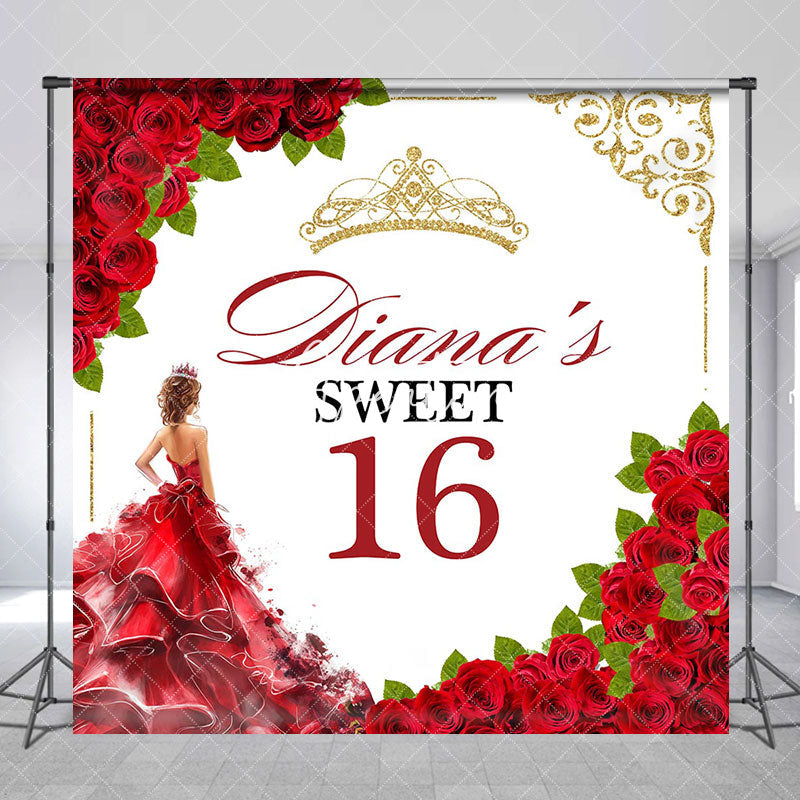 Aperturee - Red Floral Custom Name Sweet 16 Birthday Backdrop