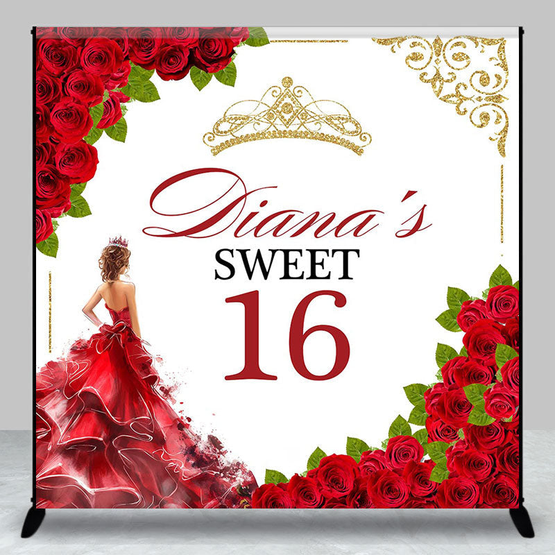 Aperturee - Red Floral Custom Name Sweet 16 Birthday Backdrop