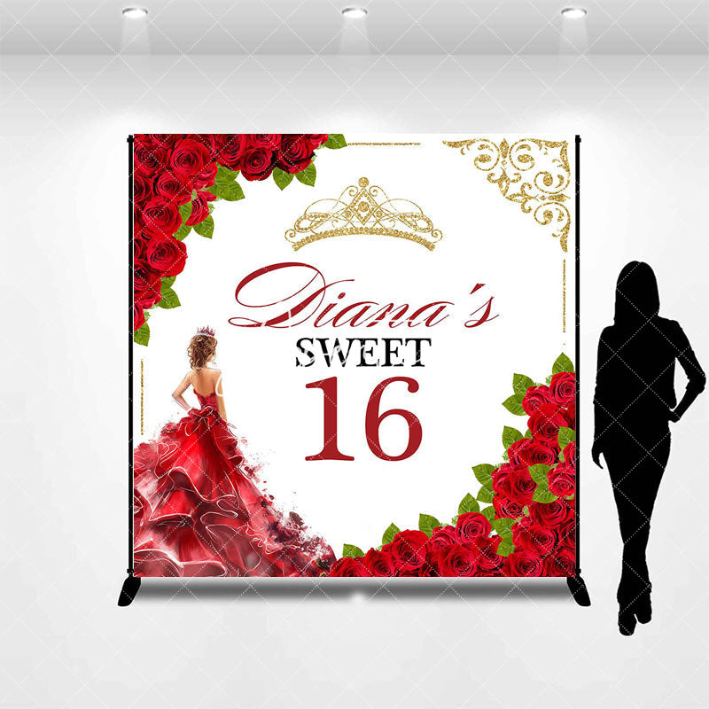 Aperturee - Red Floral Custom Name Sweet 16 Birthday Backdrop