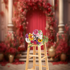 Aperturee - Red Floral Door Luxury Backdrop For Photography