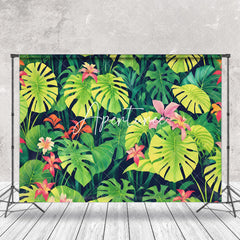 Aperturee - Red Floral Green Monstera Spring Backdrop For Photo