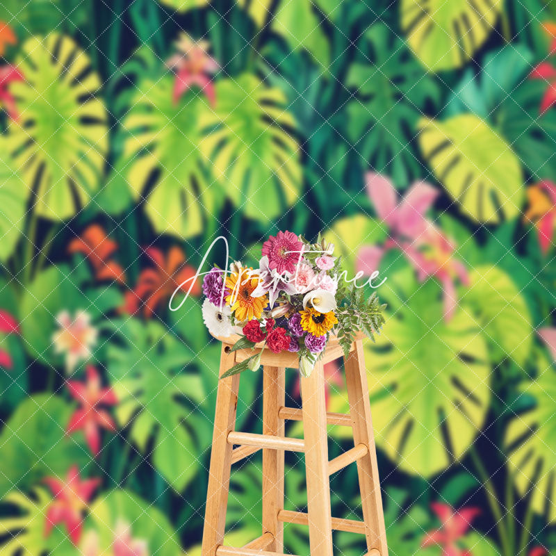 Aperturee - Red Floral Green Monstera Spring Backdrop For Photo