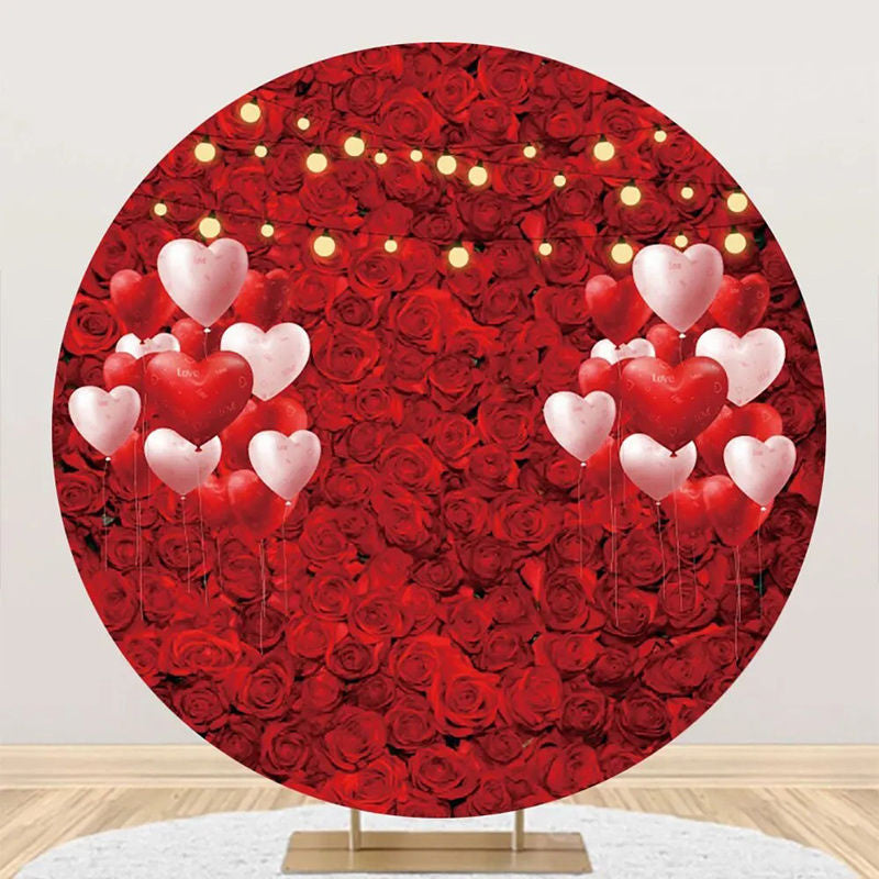 Aperturee - Red Floral Heart Balloon Round Wedding Backdrop