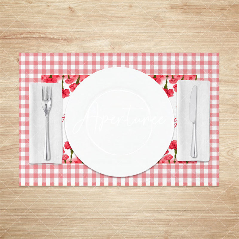 Aperturee - Red Floral Plaid Mothers Day Set Of 4 Placemats