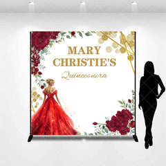 Aperturee - Red Floral Princess Custom Name Quinceanera Backdrop