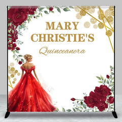 Aperturee - Red Floral Princess Custom Name Quinceanera Backdrop