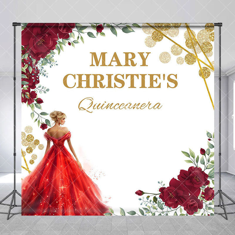 Aperturee - Red Floral Princess Custom Name Quinceanera Backdrop