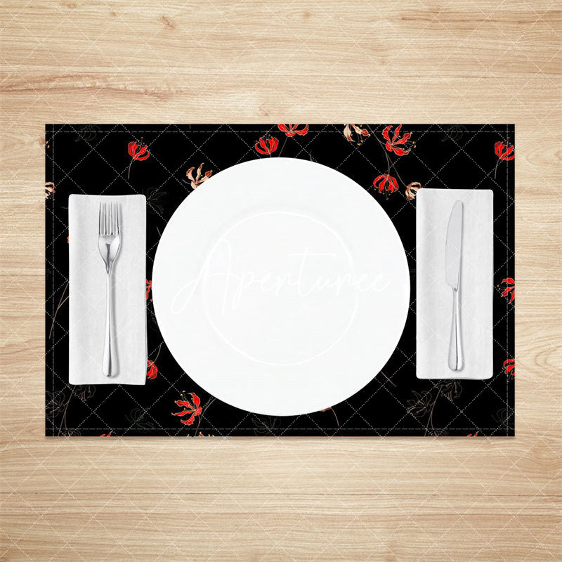 Aperturee - Red Floral Seamless Black Dining Set Of 4 Placemats