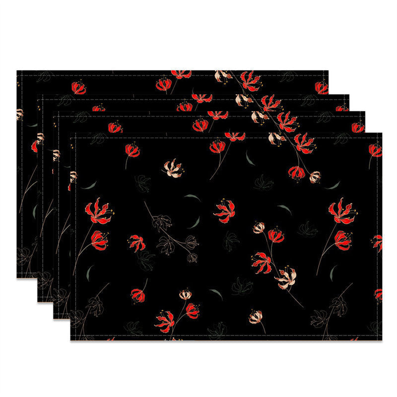 Aperturee - Red Floral Seamless Black Dining Set Of 4 Placemats