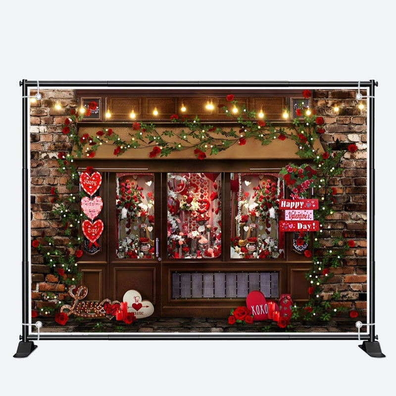 Aperturee - Red Floral Shop Brick Wall Valentines Day Backdrop