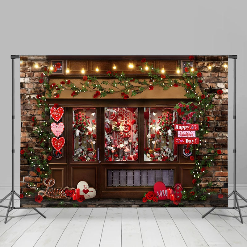 Aperturee - Red Floral Shop Brick Wall Valentines Day Backdrop