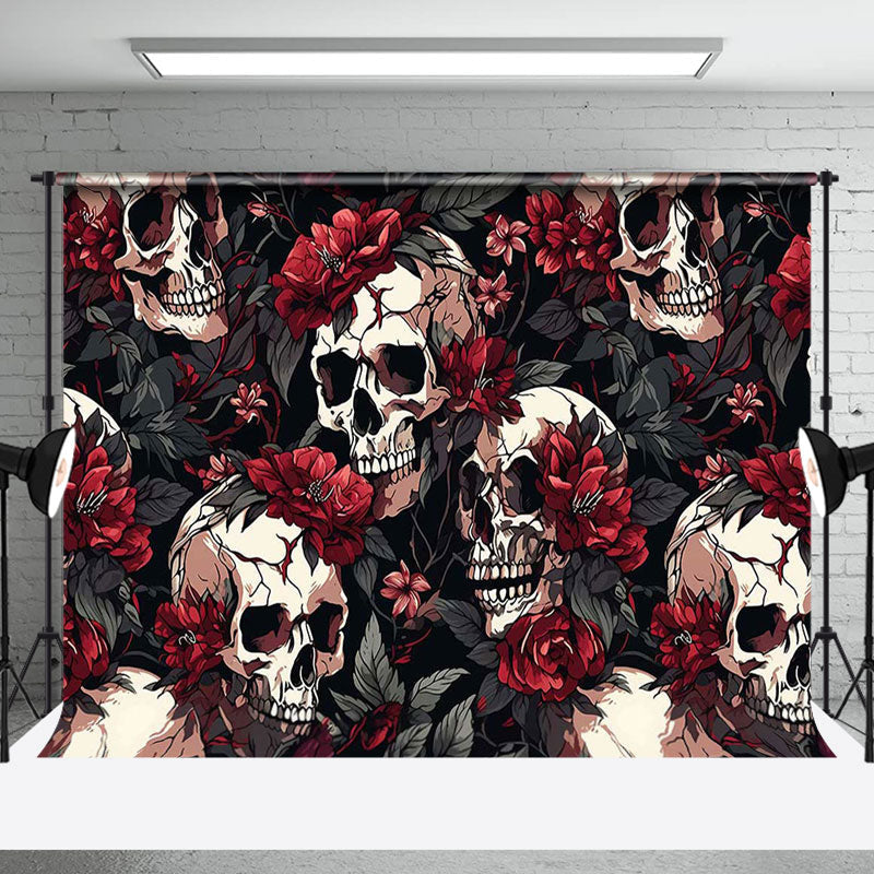 Aperturee - Red Floral Skull Black Leaves Halloween Backdrop