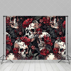 Aperturee - Red Floral Skull Black Leaves Halloween Backdrop