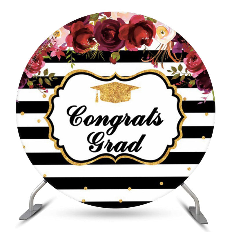 Aperturee Red Floral Stripe Graduation Party Circle Backdrop