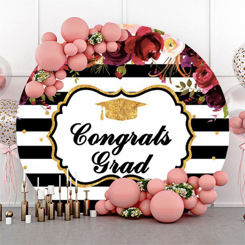 Aperturee Red Floral Stripe Graduation Party Circle Backdrop