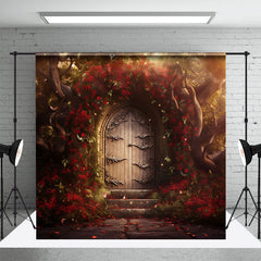 Aperturee - Red Floral Vine Luxury Wooden Door Photo Backdrop