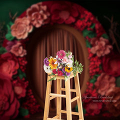 Aperturee - Red Floral Wreath Curtain Portrait Photo Backdrop