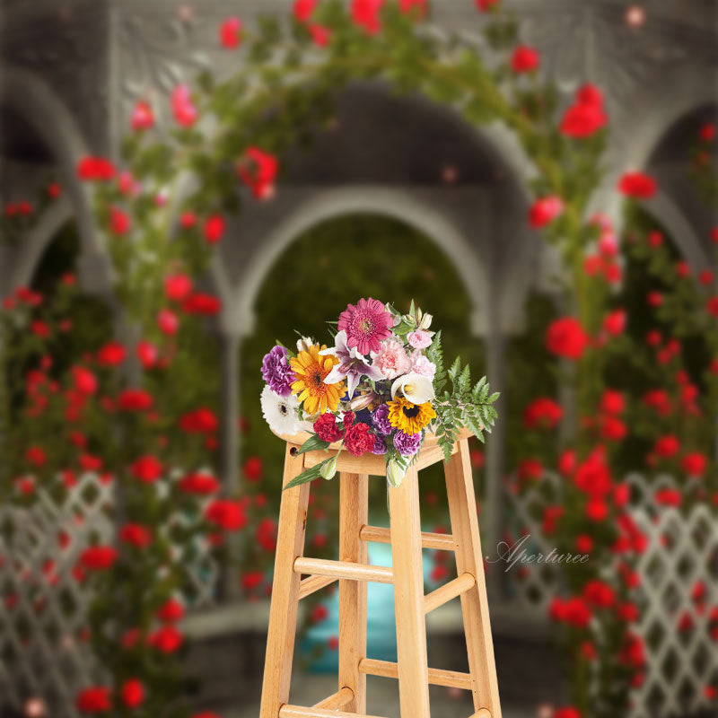 Aperturee - Red Flower Pavilion Green Photo Booth Sweep Backdrop