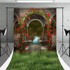 Aperturee - Red Flower Pavilion Green Photo Booth Sweep Backdrop