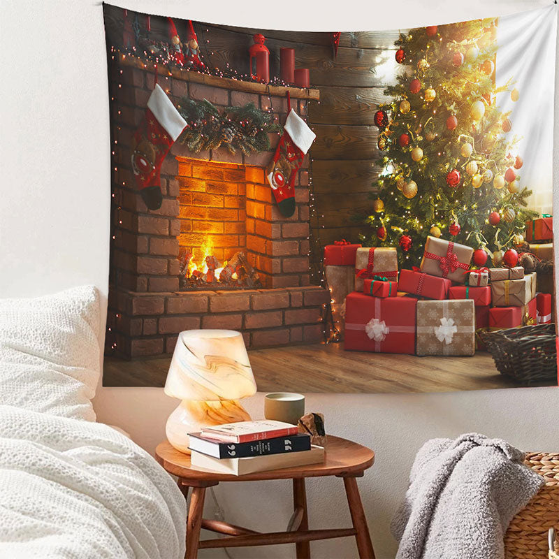 Aperturee - Red Gift Fireplace Family Party Christmas Backdrop