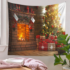 Aperturee - Red Gift Fireplace Family Party Christmas Backdrop