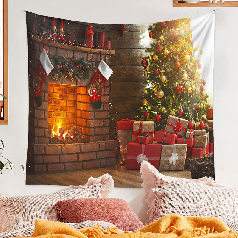 Aperturee - Red Gift Fireplace Family Party Christmas Backdrop