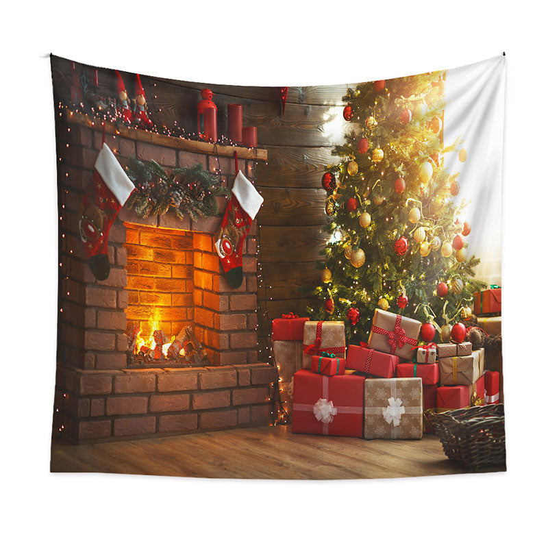 Aperturee - Red Gift Fireplace Family Party Christmas Backdrop