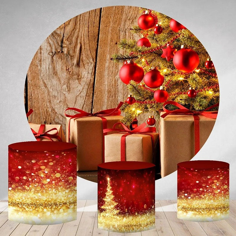 Aperturee Red Gifts Round Brown Wooden Backdrop For Christmas