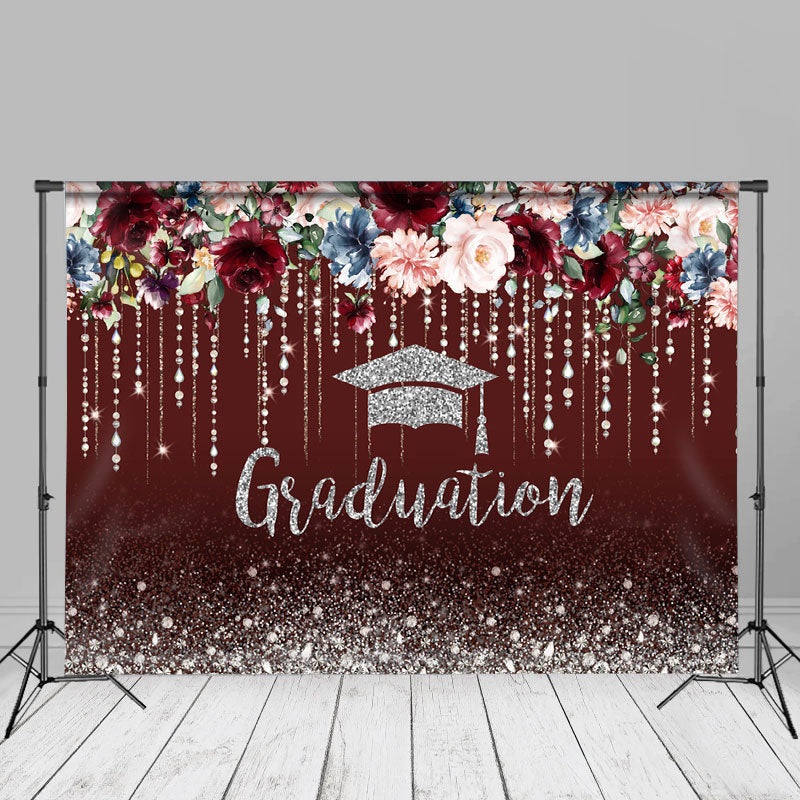 Aperturee - Red Glitter Burgundy Floral Grad Photo Booth Backdrop