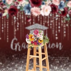 Aperturee - Red Glitter Burgundy Floral Grad Photo Booth Backdrop