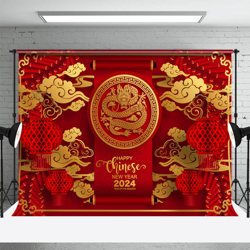 Aperturee - Red Gold Dragon Happy Chinese New Year 2024 Backdrop