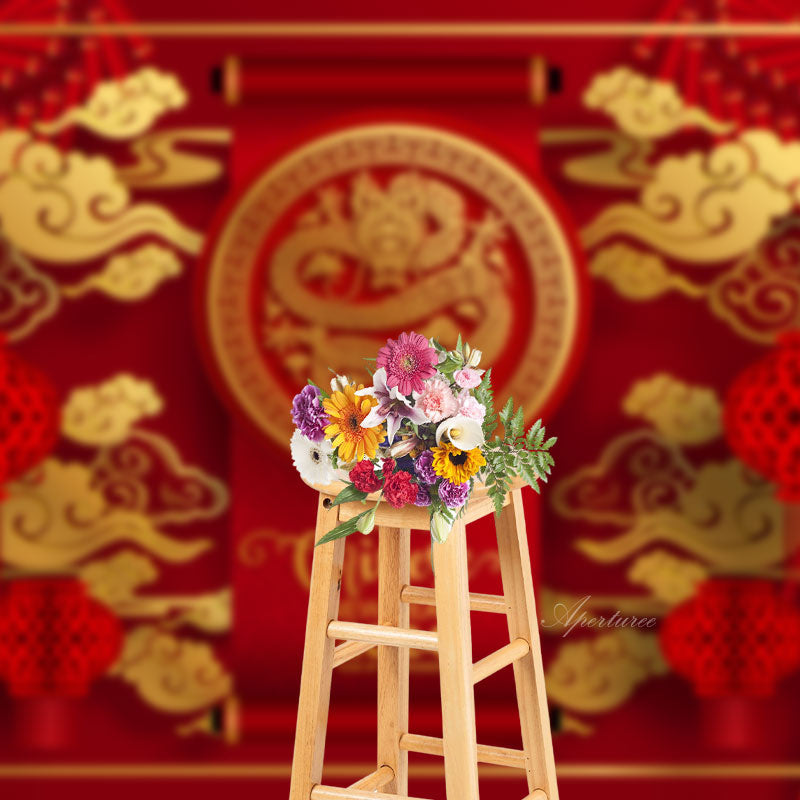 Aperturee - Red Gold Dragon Happy Chinese New Year 2024 Backdrop