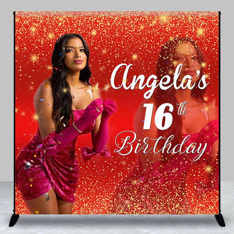 Aperturee - Red Gold Glitter Custom Photo 16th Birthday Backdrop