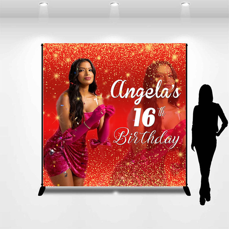 Aperturee - Red Gold Glitter Custom Photo 16th Birthday Backdrop