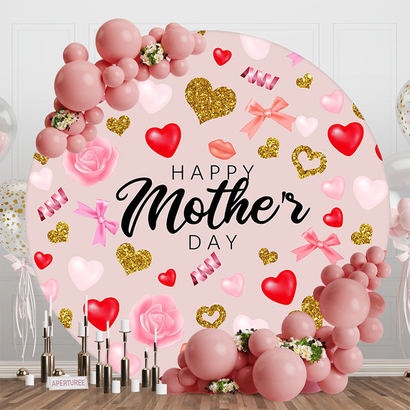 Aperturee - Red Gold Heart Lip Floral Round Mothers Day Backdrop