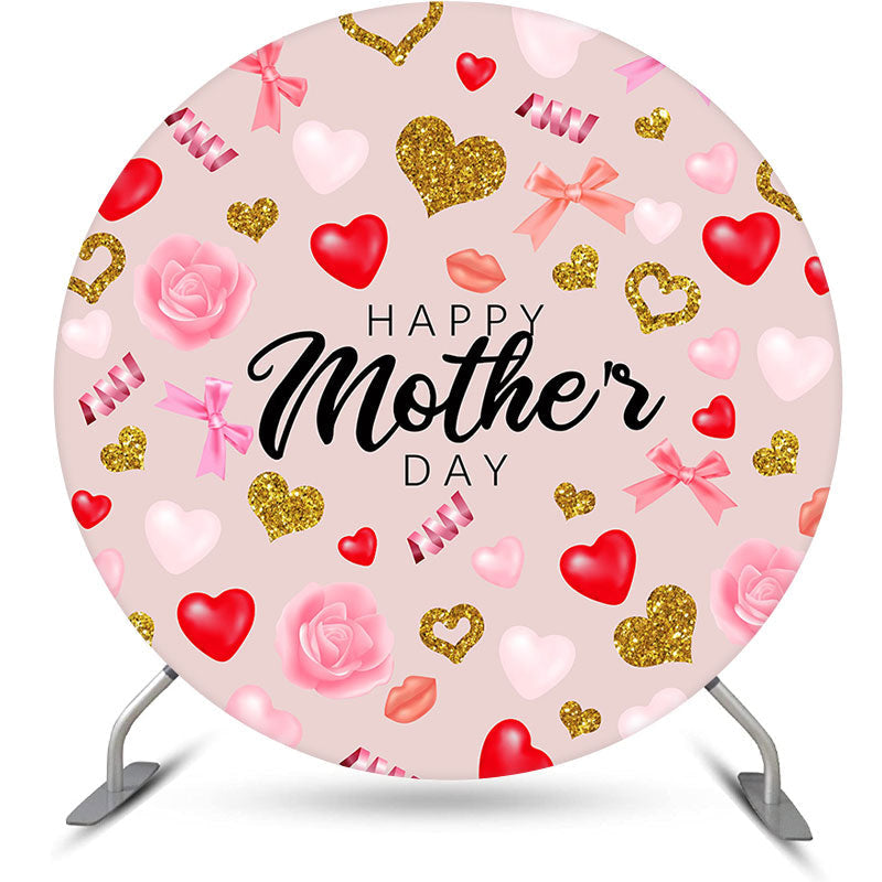 Aperturee - Red Gold Heart Lip Floral Round Mothers Day Backdrop