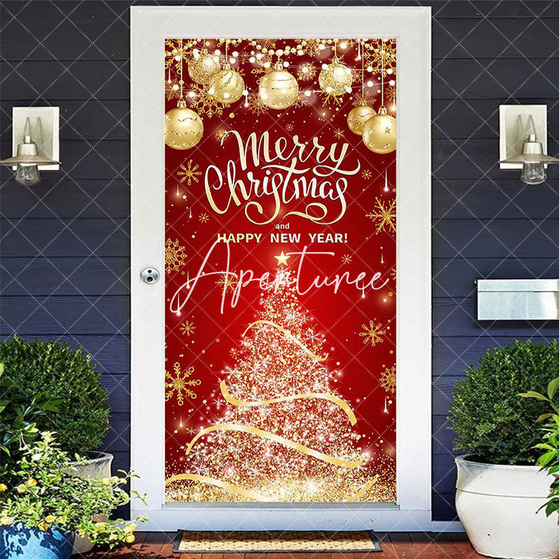 Aperturee - Red Gold Merry Chirstmas Happy New Year Door Cover