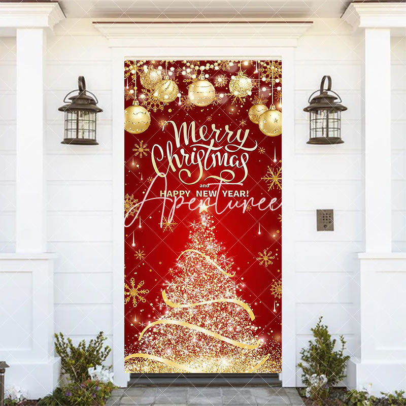 Aperturee - Red Gold Merry Chirstmas Happy New Year Door Cover